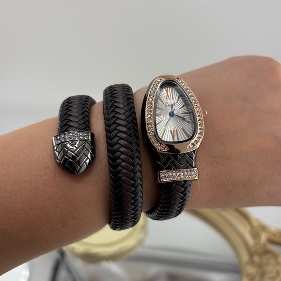 Serpenti Style Wrap Watch –Brown & Black Faux Leather Rose Gold Tone Silver Dial